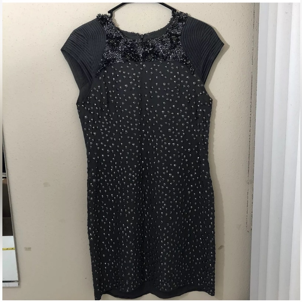 French Connection Womens Satin Cap Sleeve Embellished Shift Dress Gray Size 6
